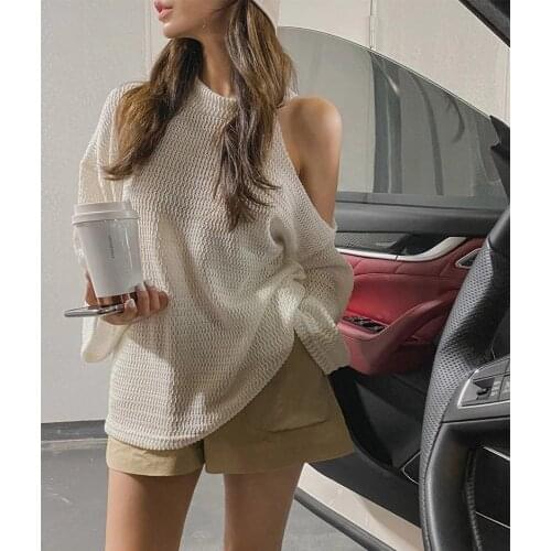 Women Blouse O-Neck Pullover Loose Shirt Blusa Korea Chic Fashion Off-shoulder Solid Long Sleeve Sunscreen Sweater New 15616