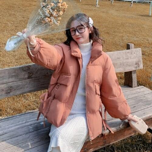 Womens Parka Solid Korean Style Stand Collar Drawstring Loose Ladies Winter Jacket Zipper Oversize Puff Coat for Female 2021