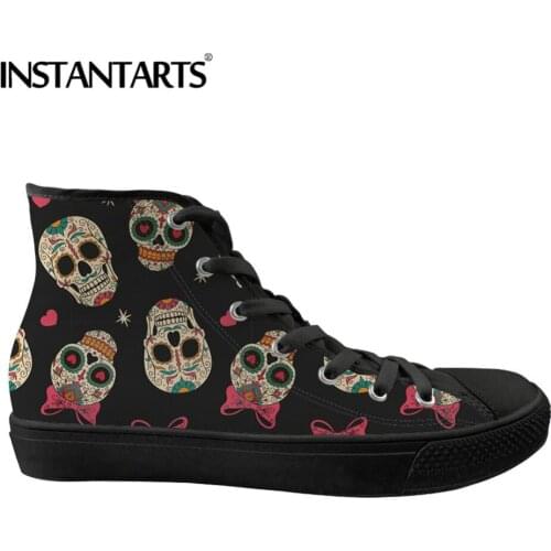 INSTANTARTS Spring Womens Sneakers Cpmfortable High Top Vulcanize Shoes Female Flats Trendy Sugar Skulls 3D Print Canvas Shoes