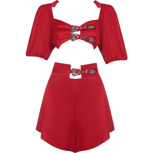 2021 New Summer Women Two Pieces Sets Fashion Sashes Sexy Short Sleeve Tops & Shorts Female Clothing Club Party 2 Pieces Sets