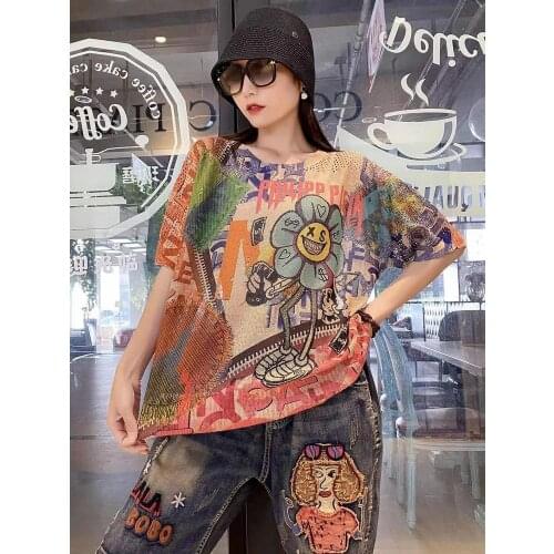 Funny Floral Florlar Hollow Out Graffiti Tops Women Nice Short Sleeve Kawaii Sweater Green Sweater Womens Clothing Nice