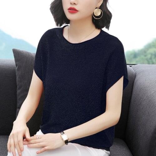 2021 Summer Knitted Oversized Sweater Pullovers shiny Sweater for Women Short Sleeve White Black Soft Female Jumper Clothing