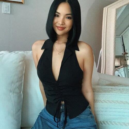 Women Summer Deep V Neck Sexy Sleeveless Tank Top Crop Tops Ruffle Drawstring Black Fashion Skinny Elastic Streetwear