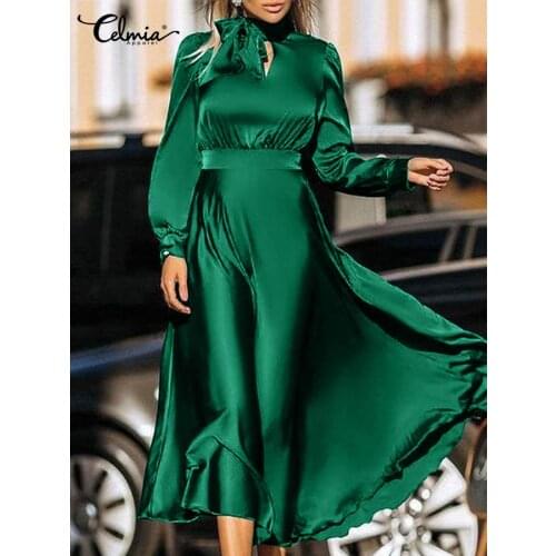 2021 Celmia Ladies Bow Tie Maxi Dress Elegant Satin Silk Long Sleeve Long Sundress Casual Strappy Wrap Kleid Streetwear Vestidos