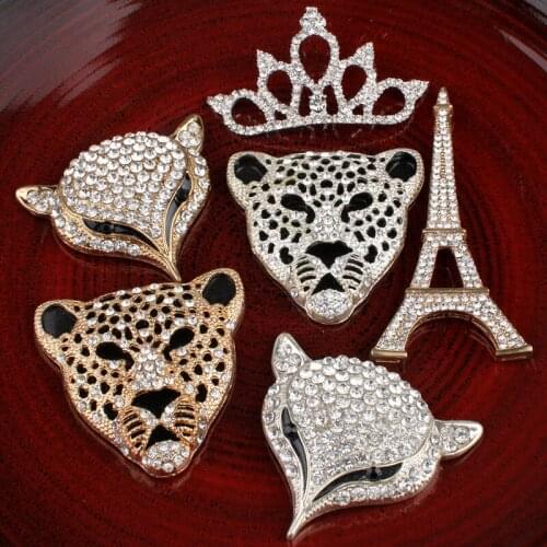 30PCS Hot Fix Vintage Metal fox/tower/crown/leopard head Crystal Buttons Alloy Flatback Rhinestone Buttons for Hair Accessories