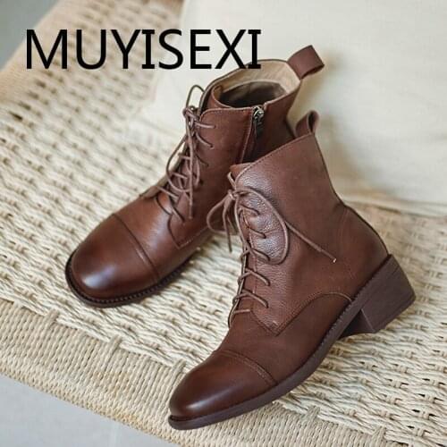 Leisure vintage genuine leather 4.5cm med heels round toe lace up side zipper warm mature women basic ankle boots TN41 MUYISEXI