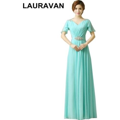 Blue chiffon hot pink red fuchsia mint v neck capped evening floor length gown v neck dress women long special dresses
