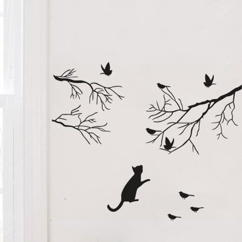 Cat wants to catch the bird in the tree vinyl wall decal home decor creative diy art mural removable wall stickers