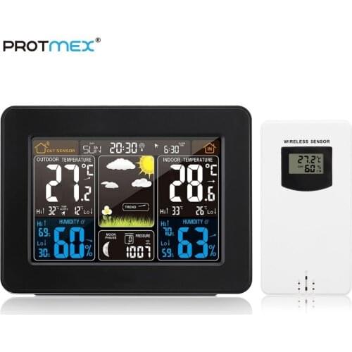 Protmex PT3365 Digital Color Forecast Weather Station with Alert and Temperature/Humidity/Barometer/Alarm/Moon Phase/Clock