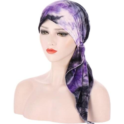 Muslim Fashion Women Print Velvet Hijab Turban Caps Long Tail Headscarf Bonnet Stretch Head Wraps Ladies Hairloss Chemo Cap