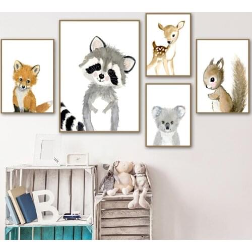 Woodland Animals Rabbit Fox Deer Raccoon Wall Art Canvas Painting Nordic Posters And Prints Wall Pictures Baby Kids Room Decor