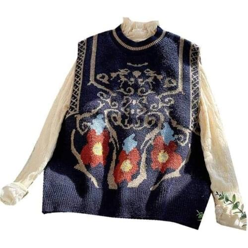 2021 New Jacquard Knitted Sweater Vest Women Cottagecore O Neck Blue Loose Knitted Sweater Vest Vintage Spring Autumn Fashion