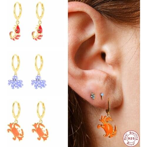GS 925 Silver Cute Enamel Crab Shrimp Pendant Dangle Earrings Summer Beach Collection Octopus Surfboard Charm Drop Earrings