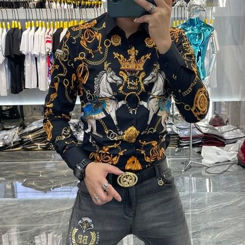 2021 Summer Lente Lange Mouwen Slanke Ongedwongen Overhemd Streetwear Sociale Camisa Masculina Luxe Crown Gedrukt Shirts Mannen