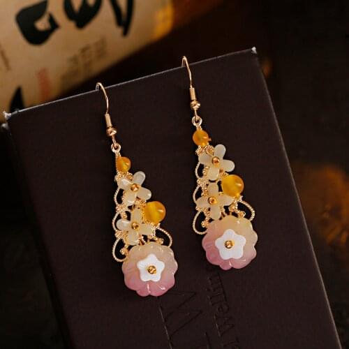 Chinese Style Hanfu Earrings For Women Pendientes Shell Flower Natural Stone Fashionable Earring Long Dangle Ear Rings Jewelry