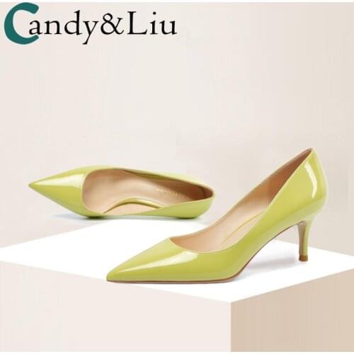 Shoe Girl 2021 Spring Autumn New Product Sexy Girl Little Fresh Yellow Patent Leather 6cm Medium Heel Pointed Thin High Heel