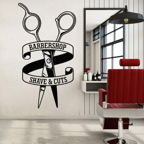 Barbershop Vinyl Wall Sticker Scissors Pattern Decal Qoute Shave And Cuts Hair Decals Barber Shop Window Decoration C11-02