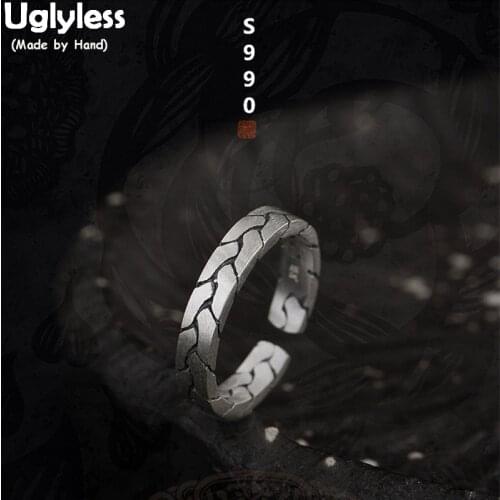 Uglyless Real 990 Fine Silver Jewelry Crack Texture Women Vintage Opening Rings Simple Fashion Weave Twisted Ring Ethnic Bijoux