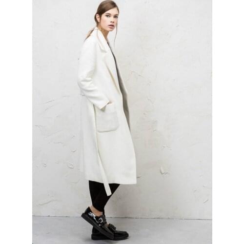Elegant Women Long Blends Coats Solid White Slim Lady Fashion Open Stitch Wide Adjustable Waist Outerwear Jacket with Belt Coat