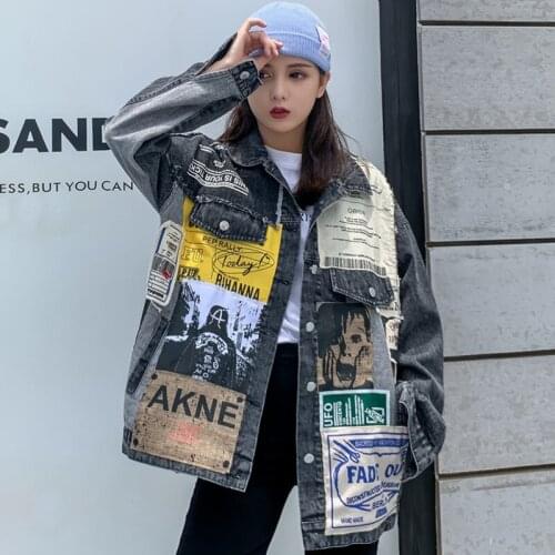 2021 New Vintage Long Sleeve Appliques Pattern Plus Size Black Denim Jacket Patchwork Printing Letters Jeans Coat Women Clothing