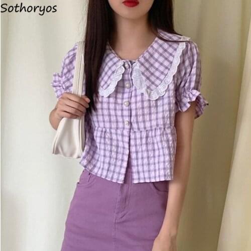 Women Shirts Plaid Peter Pan Collar Retro Ulzzang Kawaii Lovely College Style Students Blouses Trendy Slim Ruffles Patchwork New
