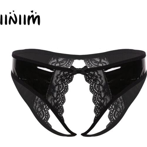 Womens Ladies Wetlook Open Butt Sissy Panties Leather Lingerie Crotchless with Lace Edge Cheeky Hipster Briefs Exotic Underwear