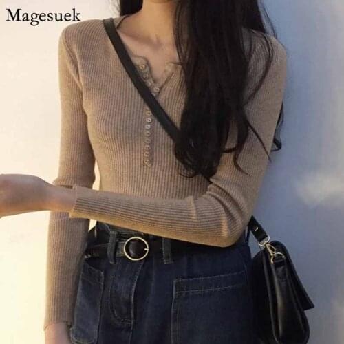 2020 V-neck Long Sleeve Sweater Fall Solid Cotton Women Sweater Slim Elastic Pullover Chic Knit Bottoming Clothes Women 10305