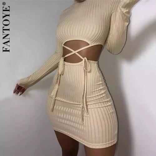 FANTOYE Hollow Out Long Sleeve Bandage Dresses For Women Slim Sexy Elastic O-Neck Mini Dress Skinny Streetwear Femme Vestidos