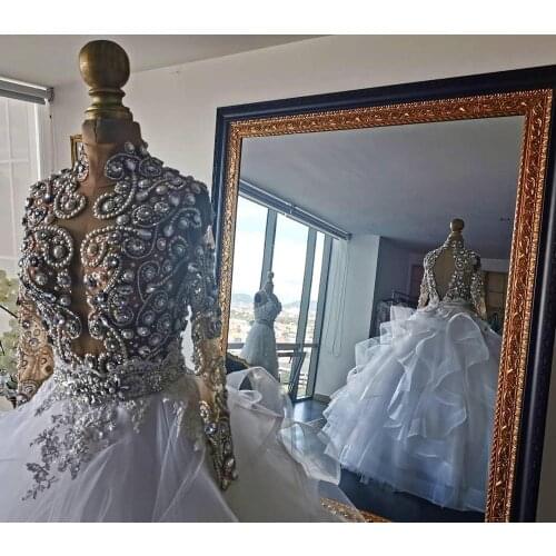 Plus Size Wedding Dresses High Neck Crystal Pearls Beads A Line Country Wedding Dress Floor Length Long Sleeve Robes De Mariée