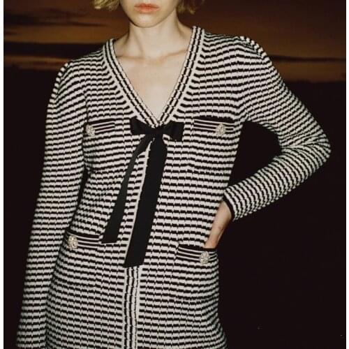 Women V-Neck Knitted Mini Dress Striped Dress with Bow Tie Ladies Short Dresses with Buttons 2021 Spring Autum Female Short Robe