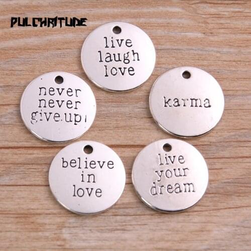 10pcs Metal Alloy Antique Silver color Color 20mm Mix 5 kinds Letter Charm Love Word Round Plate Pendant Diy Jewelry Make