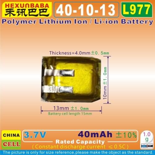 10pcs [L977] 3.7V 40mAh [401013] Polymer lithium ion / Li-ion battery for BLUETOOTH earphone,speaker,GPS,MP3;CAMERA;MP4