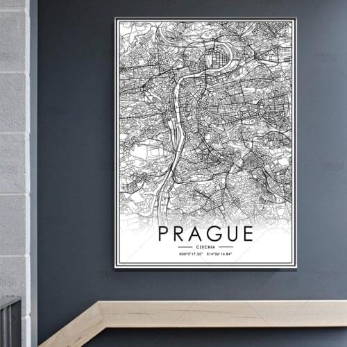 Black and White World City Map PRAGUE Wall Art Canvas Poster Prints Nordic Style Paintings Picture for Living Room
