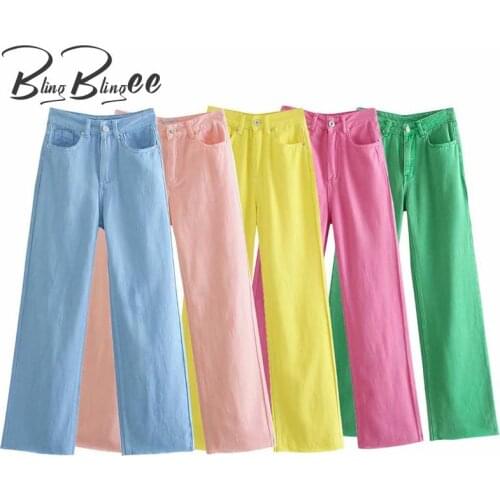 BlingBlingee Colored Jeans 2021 Summer Autumn Raw Cut Hem High Waist Women Casual Straight Long Denim Pants Green Blue Female