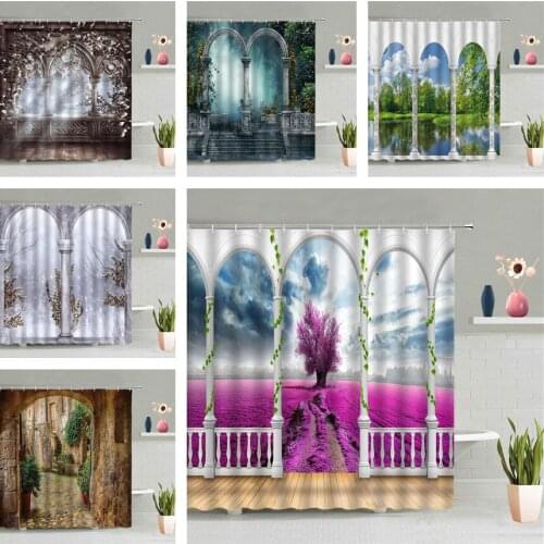 Europe Roman Column Balcony Shower Curtain Arched Door Plant Flower Scenic Bathroom Hanging Curtains Waterproof Screen Decor Set