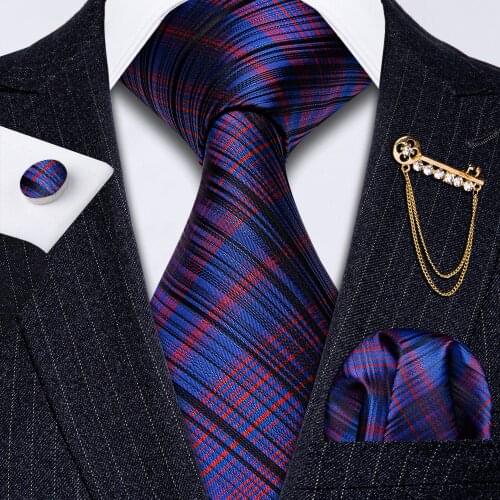 Fahsion Red Blue Plaid Men Tie Gold Brooch Silk Necktie Set Hanky Cufflinks Cravat Tie For Men Wedding Business Gift Barry.Wang