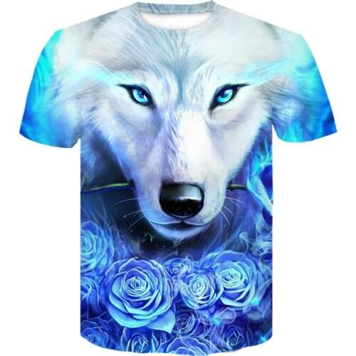 2021 Wolf 3d Printed graphic t shirts Men Animal T-shirts Tops Short Sleeve O-Neck Fashion Blue rose Harajuku Oversized T-shirt