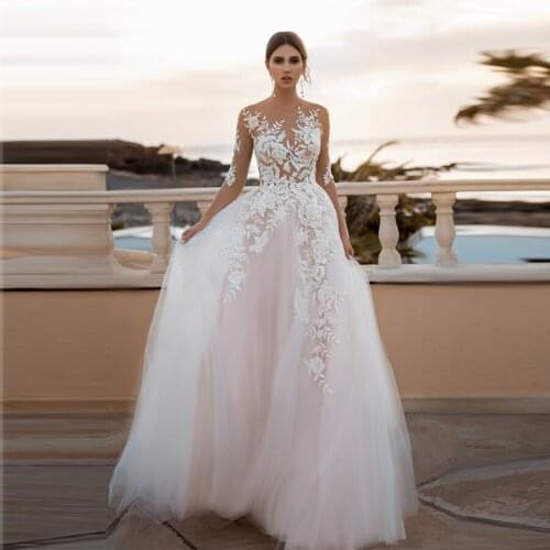 Custom Made O-neck Half Sleeve Wedding Dresses With Applique Lace Sheer Back Bridal Gowns vestido de noiva