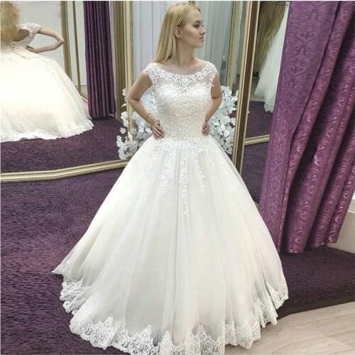 Princess Scoop Neck Lace Appliques Wedding Dresses Lace Appliques Sexy Open Back Bridal Gowns Cap Shoulder Formal Long Vestidos