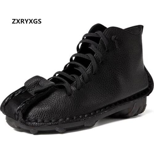 Best Sale New Top 100% Natural Genuine Leather Shoes Women Flat Shoes Soft Sole Non-slip Comfortable Shoes Retro Casual Shoes