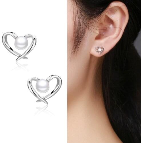 Cute 925 Sterling Silver Heart Freshwater Pearl Stud Earrings For Women Girls Child Kids Jewelry Orecchini Aros Aretes Orecchini