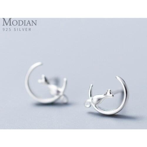 Modian Simple Cute Cat Moon Stud Earrings Charm 925 Sterling Silver Animal Tail Small Jewelry For Women & Girl Anniversary Gift