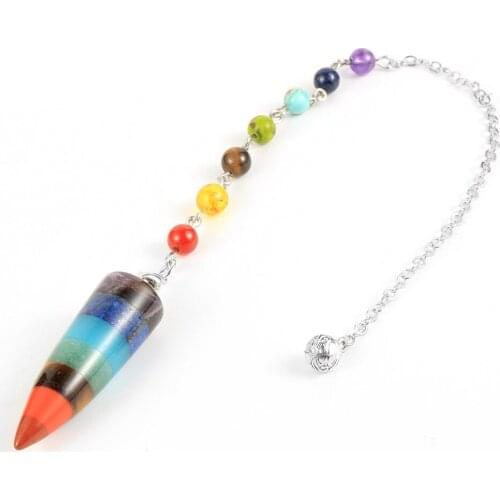 Natural Stone Quartz 7 Chakras Bullet Pendant Pendulum Hexagonal Column Fortune-Telling Pendule Healing Reiki Dowsing Divination