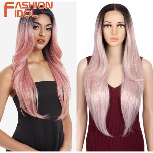Ombre Lace Front Lolita Pink Wig Middle Part Cosplay Long Straight and Wave Hair Synthetic Lace Wig For White Women FASHION IDOL