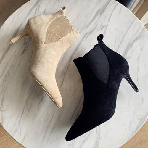 Pop European and American New Suede Thin Heeled Short Boots High Heels Pointed Solid Color Boots for Women