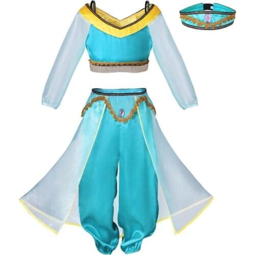 FINDPITAYA Girls Fancy Birthday Party Dress Jasmine Top and Pants Kids Aladdin and the Magic Lamp Cosplay Clothing Set