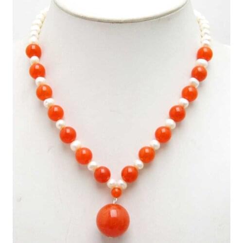 Qingmos Natural 6-7mm White Pearl 17" Chokers necklace for Women & 20mm Red Pendant Necklace-nec5993 Wholesale/retail