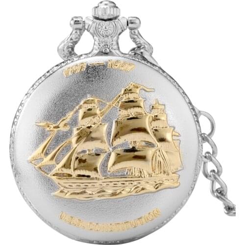 Silver Golden Military Series U.S Navy USS Constitution Sail Frigate Quartz Pocket Watch FOB Chain Watch Old Ironsides 1797-1997