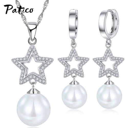 Party Brand Korean 925 Sterling Silver Jewelry Sets Hollow Geometric Star Necklaces Earrings For Women Cubic Zirconia Pearl Gift