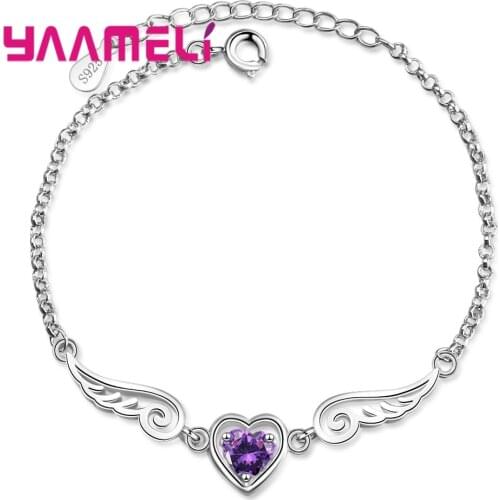 Sweet Valentines Gifts Shining 925 Silver Cubic Zircon Stone Heart Angel Wing Charms Women Ladies Bracelet HOT Sale Crystal